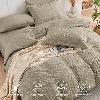 HYMOKEGE Linen Full Size Comforter Sets Seersucker 7 Pieces, All Season Luxury Bed in a Bag for Bedroom, Bedding Set with Comforter, Sheets, Pillowcases & Shams