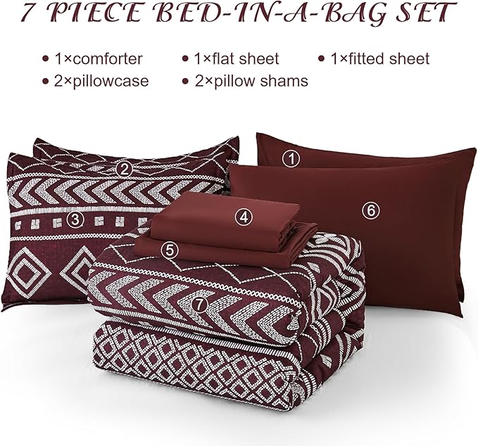 Yiran Burgundy King Comforter Set, 7 Piece Boho Striped Bedding Set, Geometric Aztec Bed in a Bag King, Soft Microfiber Bohemian Complete Bedding Set with Sheets for All Season