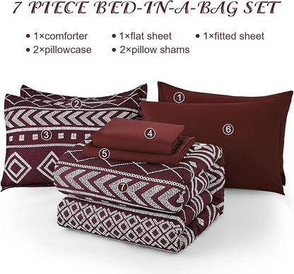 Yiran Burgundy King Comforter Set, 7 Piece Boho Striped Bedding Set, Geometric Aztec Bed in a Bag King, Soft Microfiber Bohemian Complete Bedding Set with Sheets for All Season
