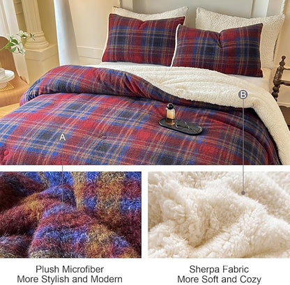 Cyusri Plaid Sherpa Comforter Set 3Pcs Fluffy Warm Fleece Down Alternative, Red Blue Grid Pattern Bedding Set with 2 Pillowcases, King Size 104"x90"