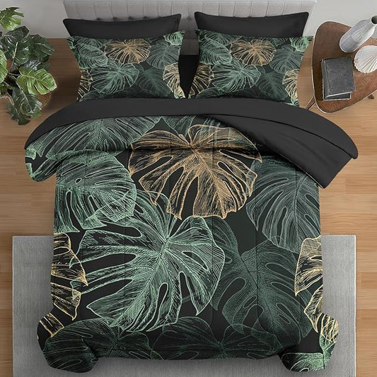Comforter Set King Size, Green Golden Tropical 7 Pcs Bedding for Kids and Adults, Leaves Monstera Palm Leaf Bed Sheet Sets with Fitted Sheet 2 Pillowcases & 2 Shams for Bedroom Bed Decor