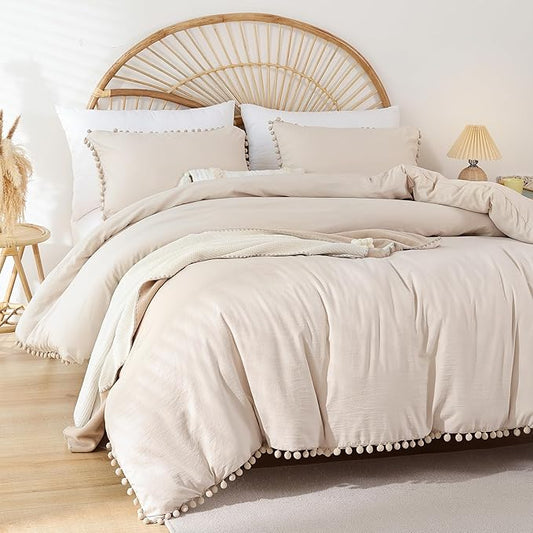 YIRDDEO Full Size Comforter Sets - Full Size Comforter with Ball Pom Fringe, Soft Bedding Set for All Seasons - 3 Pieces, 1 Comforter (79"x90") & 2 Pillow Shams(20"x26"), Beige