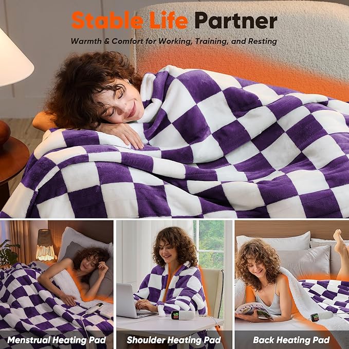 Heated Electric Blanket Throw, 50X60 Heating Blanket with 10 Heat Level & 8 Hours Auto Off for Lap, Deep Purple Checkered Plaid Soft Sherpa Blankets Warmer Gifts for Couch Grandma Women Adults