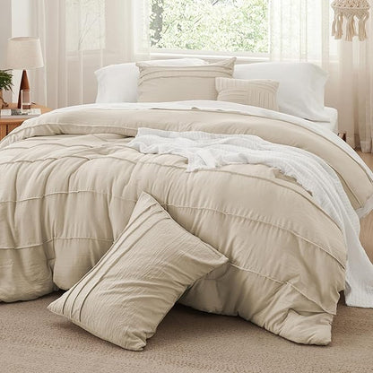 Bedsure Queen Comforter Set - 4 Pieces Pinch Pleat Bed Set, Linen Boho Bedding for All Season, 1 Soft Comforter, 2 Pillowcases, 1 Decorative Pillow