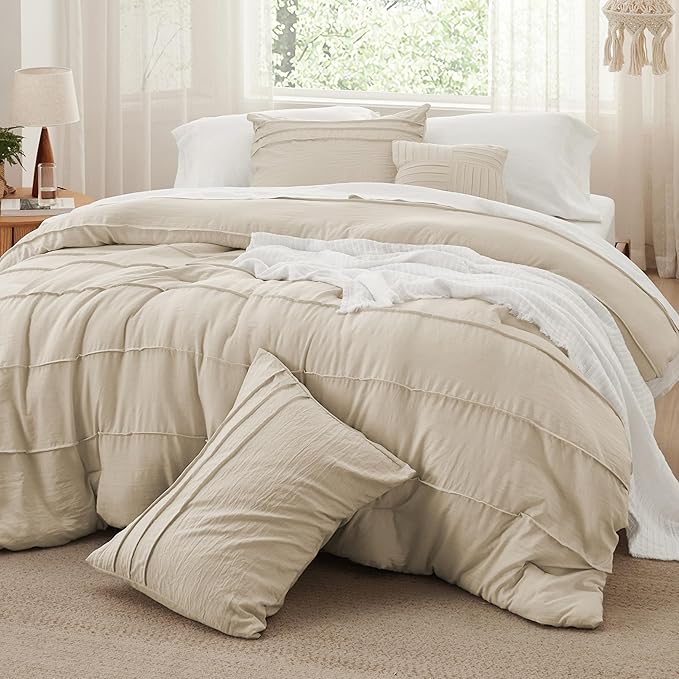 Bedsure King Comforter Set - 4 Pieces Pinch Pleat Bed Set, Linen Boho Bedding for All Season, 1 Soft Comforter, 2 Pillowcases, 1 Decorative Pillow