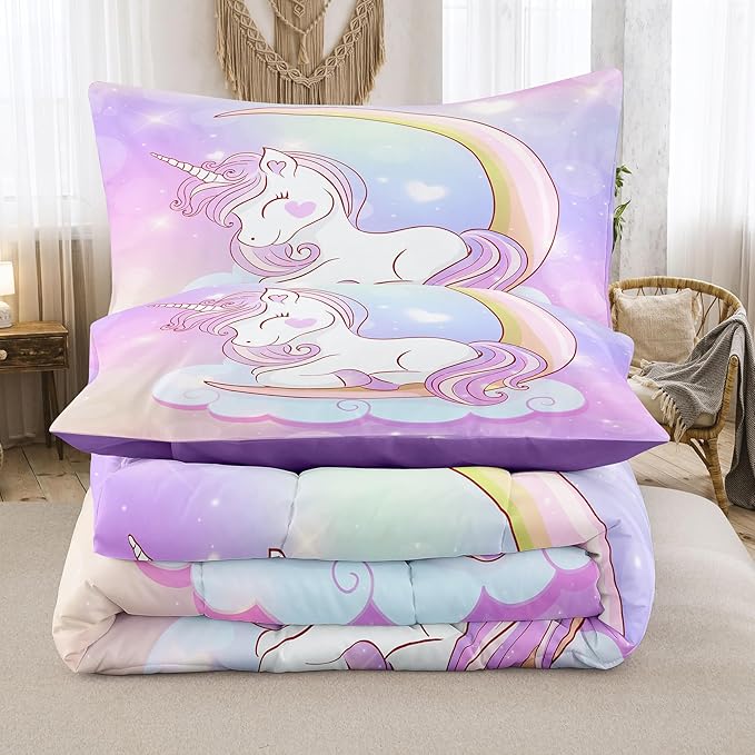 Tailor Shop Unicorn Girls Comforter Sets King Size,Unicorn Purple Bedding Sets for Girls Kids Teens with 2 Pillowcase