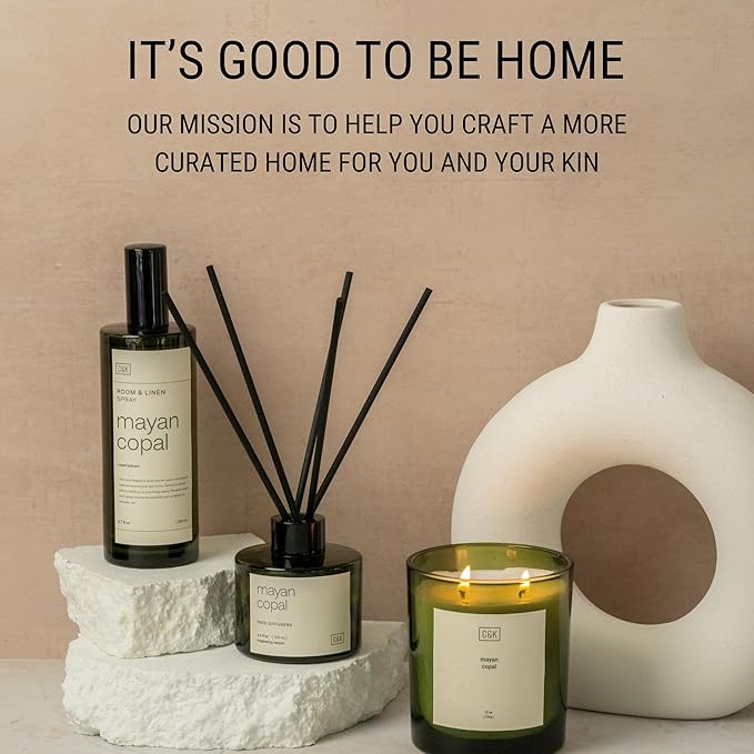 Craft & Kin Santal Woods Christmas Reed Diffuser | All Natural Essential Oil & Rattan Scent Sticks | Holiday Reed Diffusers for Home, Bathroom | Long Lasting Home Fragrance in Green Glass, 3.4oz
