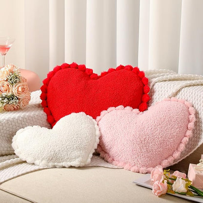 Bucherry 3 Pcs Valentine's Day Heart Throw Pillows, Red White Pink Heart Pillow Soft Decorative Back Cushion for Girls Women Bed Sofa Valentines Wedding Gifts Home Decor(Teddy Velvet,Ruffed Style)