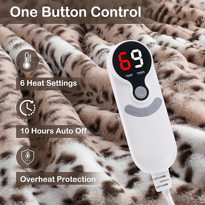 Electric Heated Blanket Full Size 72"x84",Fast Heating Throw, Soft Microplush for Bed & Couch, 1-10Hs Auto Off & 6 Heating Levels, Machine Washable, Gifts for Family-Leopard Print Beige