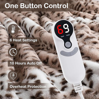 Electric Heated Blanket Full Size 72"x84",Fast Heating Throw, Soft Microplush for Bed & Couch, 1-10Hs Auto Off & 6 Heating Levels, Machine Washable, Gifts for Family-Leopard Print Beige