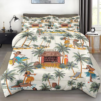 Comforter Set Full Size, Summer Tropical Hawaii Soft 3 Pcs Bedding for Kids and Adults, Beach Hawaiian Palm Tree Leaf Comforter Set with 2 Pillowcases, for Bedroom Bed Decor