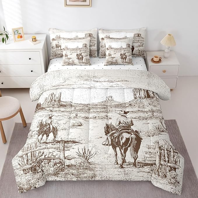 Feelyou Western Decor Comforter Set with Sheets King Size Kids West Cowboy Horse 7 Pieces Bedding Set for Boys Girls Teens Rodeo Cowboy Style Bed in a Bag Breathable Grunge Design Bed Set