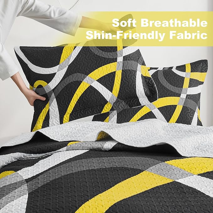weesire Black and Yellow Bedding Quilt King Size with 2 Shams, Modern Stripe Comforter Sets Classic Line Pattern Bedspreads Grey and Yellow Coverlet, 96''x106''