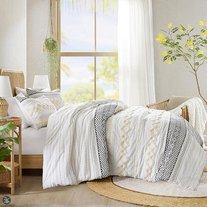 Hyde Lane Farmhouse Bedding Comforter Sets King, Ivory Boho Bed Set,Cotton Top with Modern Neutral Style Clipped Jacquard Stripes, 3-Pieces Including Matching Pillow Shams (104x90 Inches)