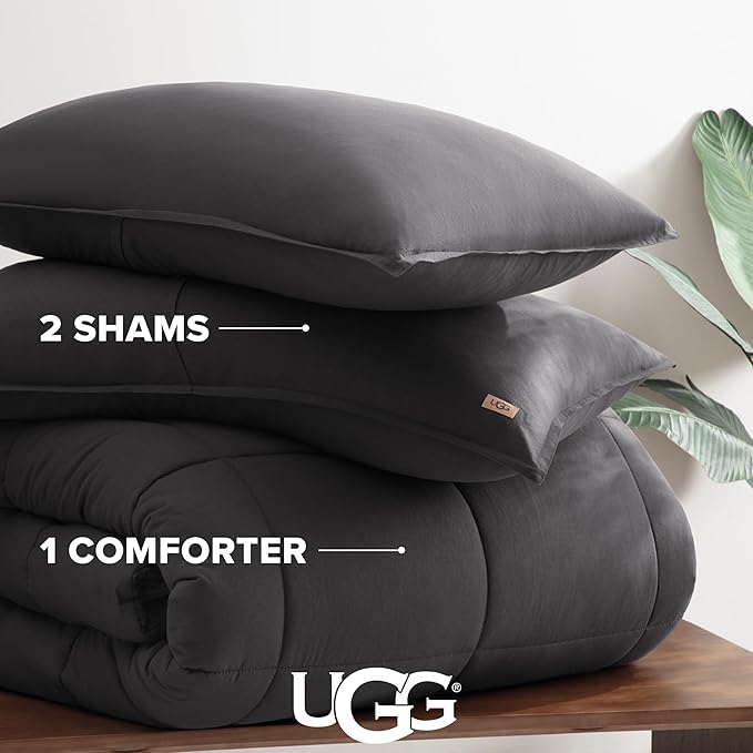 UGG Leonora Comforter Set with 2 Pillow Shams Lightweight Down Alternative Blanket Reversible Cozy Warm All Season Washable and Hypoallergenic Bedding Set, King, Charcoal Grey