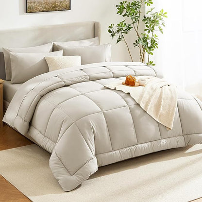 CozyLux California King Comforter Sets Oatmeal, 7 Pieces Cal King Bed in a Bag, All Season Bedding Sets with Stitch Quilted Comforter, Flat Sheet, Fitted Sheet, Pillowcases
