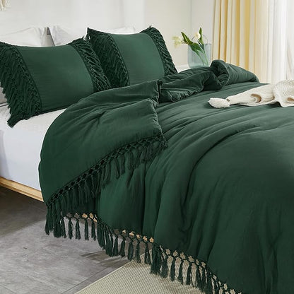 Andency Emerald Comforter Set California King, 3 Pieces Boho Tassel Lightweight Soft Bedding Comforter Sets for King Bed, All Season Fluffy Fringe Bed Set (104x96In Comforter & 2 Pillowcases)