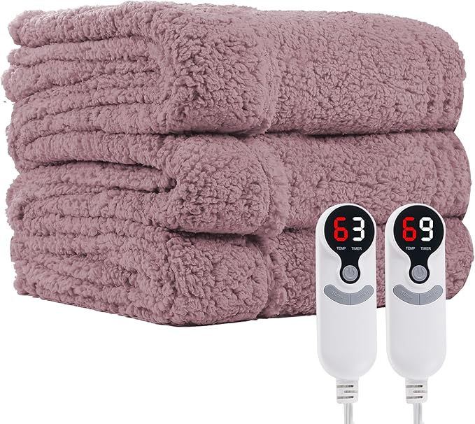 Electric Heated Blanket Queen Size 84"×90" Dual Control, 9 Heating Settings & 1-10Hs Auto Off, Overheat Protect, Double-Sided Sherpa, for Couch & Bed, Machine Washable Light Purple