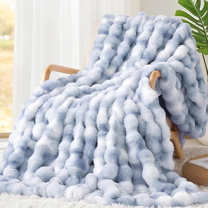 Touchat Luxury 1000GSM Faux Rabbit Fur Throw Blanket, Super Heavy Warm Cozy Grey Blankets for Couch Bed Sofa, Ruched Plush Fuzzy Elegant Soft Reversible Mink Blanket for Living Room Bedroom, Blue