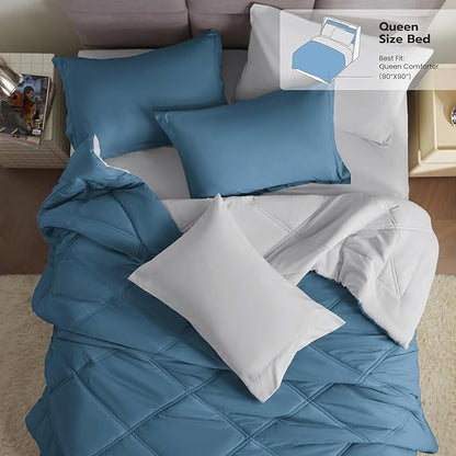 Joiedomi Queen Comforter Set with Sheets Blue, 7 Pieces Queen Bed Set with 1 Down Alternative Comforter, 1 Flat Sheet, 1 Fitted Sheet, 2 Pillowcases and 2 Pillow Shams, Bed in a Bag for All Seasons