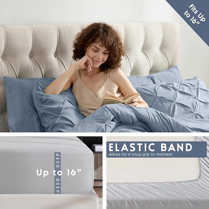 Nestl King Size Comforter Set 7 Pieces - Pinch Pleated Bed in a Bag, Stone Blue, All Season Bedding Set With Flat Sheet, Fitted Sheet, Pillowcases and Shams