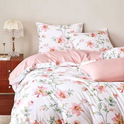 Wake In Cloud - Floral Comforter Set, Cottagecore Cottage Rustic Farmhouse Style with Botanical Flowers and Leaves Pattern, Soft Lightweight Bedding, 3-Piece, Pink White, Full Size