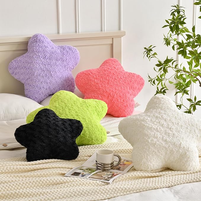 Star Pillow, 14.9" Star Shaped Plush Pillow for Couch Bed Sofa, Cute Decorative Throw Pillows with Soft Faux Fur Room Decor for Bedroom Living Room (White)