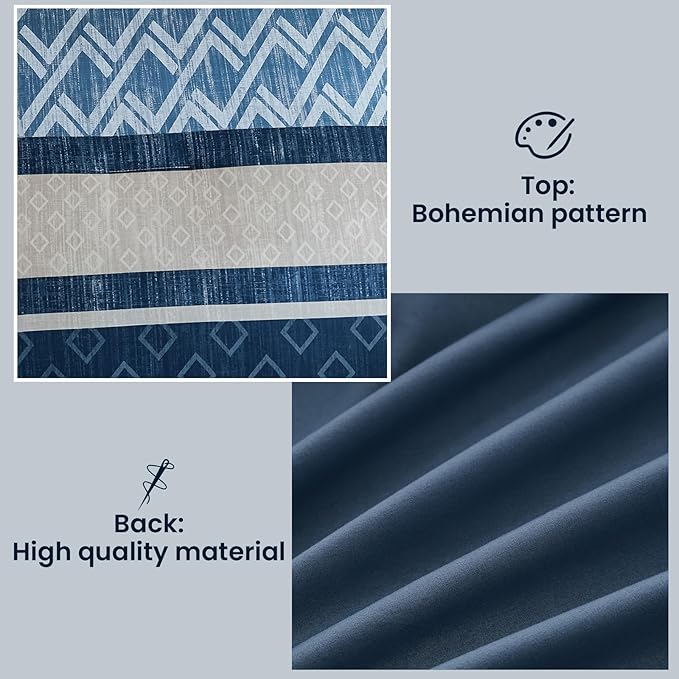 Cottolester California King Comforter Set 7 Pieces Blue Boho Striped Bed in a Bag,Soft Microfiber Complete Bedding Sets