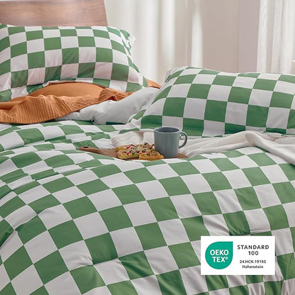 Bedsure Twin/Twin XL Comforter Set - Twin Extra Long Comforter Set, Checkered Dorm Bedding for Boys, 2 Pieces, 1 Soft Green Comforter and 1 Pillow Sham