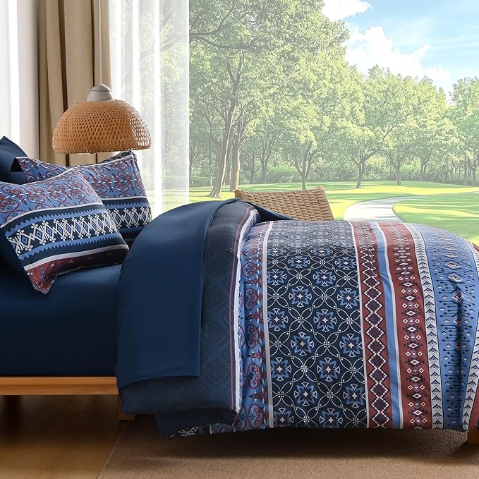 Comforter Set King Size Boho,7 Pieces Bohemian Bedding Comforter Set Striped Bed in a Bag,Navy Blue Paisley Floral Comfortet and Sheet Set,Soft Microfiber Bedding Sets for All Season