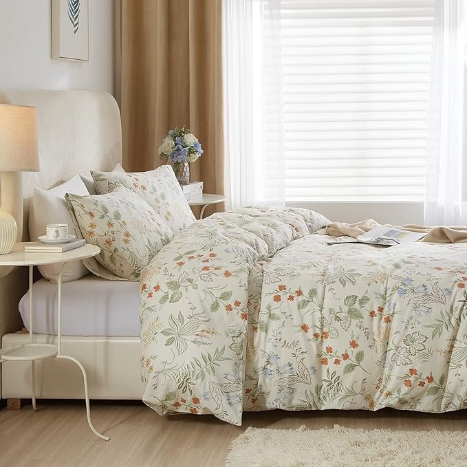mixinni Floral Comforter Sets King Size Bed Fluffy Green Leaves Red Flower Print on White Comforter Set, 3 Pieces Cute Botanical Bedding Set with 2 Pillowcases for All Season