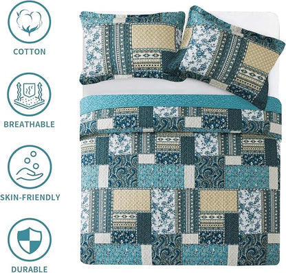 BEDIFANY Cotton King Size Quilt Set, Lightweight Bedspread King Size Coverlet Boho King Quilt, Soft Farmhouse King Quilt Bedding Sets for Bed Decorations for All Seasons (3 Pieces, Blue)