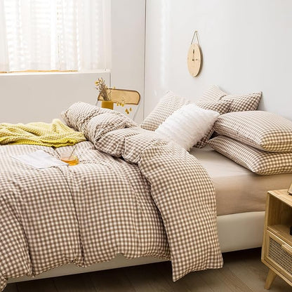 mixinni Tan Gingham Comforter Set Full, Plaid Comforter Set 3 Pieces 1 Beige Grid Comfoter with 2 Pillow Cases for All Seasons, Soft Fluffy Modern Grid Pattern Printed Bedding-Full Size