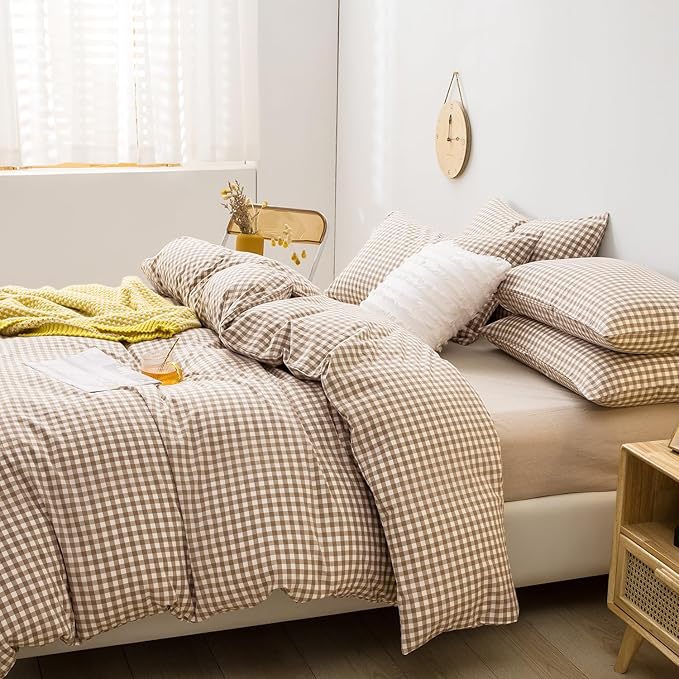 mixinni Tan Gingham Comforter Set Twin XL, Plaid Comforter Set 3 Pieces 1 Beige Grid Comfoter with 2 Pillow Cases for All Seasons, Soft Fluffy Modern Grid Pattern Printed Bedding-Twin XL Size