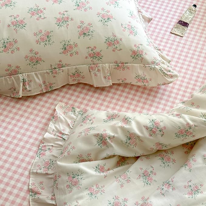 mixinni 3-Piece Pink Floral Ruffle Comforter Set Full - Cottagecore Botanical Duvet Cover with Lace Trim & 2 Pillow Shams, Soft Cotton Boho Bedding for Teen Girls, Aesthetic Coquette Bed Set