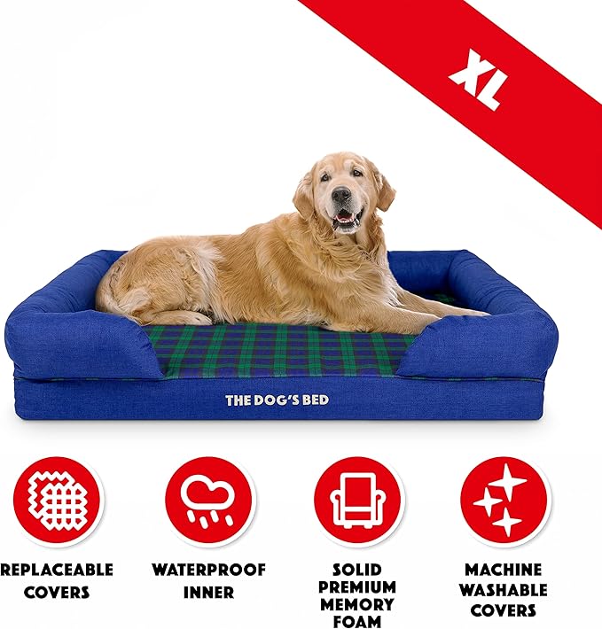 The Dog’s Bed Orthopedic Memory Foam Dog Bed with Bolsters, Oxford Fabric, Black Watch Tartan, XL