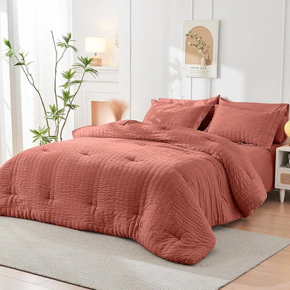HYMOKEGE Coral California King Comforter Set Seersucker 7 Pieces, All Season Luxury Bed in a Bag for Bedroom, Bedding Set with Comforter, Sheets, Pillowcases & Shams