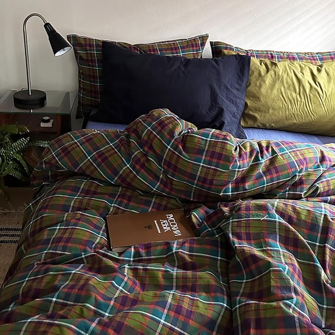 mixinni Vintage Multicolor Gingham Comforter Set King Size - 100% Washed Cotton 3-Piece Retro Plaid Pattern Bedding Set (1 Comforter + 2 Pillowcases), All-Season Lightweight & Breathable