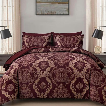 WONGS BEDDING Burgundy Comforter Set King Size, Maroon Damask Texture 7 Pieces Bed in a Bag Polyester Comforter Bedding Sets -1 Comforter, 1 Flat Sheet, 1 Fitted Sheet, 2 Pillow Shams,2 Pillowcases