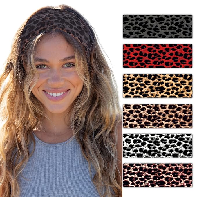Headbands for Women Trendy Leopard Wide Head Bands for Women's Hair Non Slip Wraps Elastic Stretchy Cheetah Bandanas Workout Fashion Hair Accessories Birthday Gifts for Valentines 6PCS