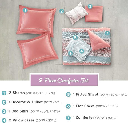 Intelligent Design Complete Bed In A Bag Casual Boho Comforter with Sheet Set Decorative Pillow, All Season Bedding Set, Queen, Loretta Coral 9 Piece