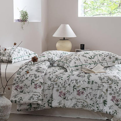 Queen Comforter Set – White Green Botanical Floral Cotton Shell Bedding, Soft & Breathable, All-Season Down-Alternative Fill, Includes 1 Comforter & 2 Pillow Shams