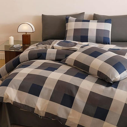 CLOTHKNOW Blue Plaid Twin Comforter Set Gingham Buffalo Bedding Comforter Sets Beige Geometric Comforter Twin Sets