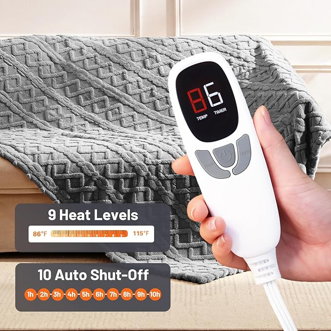 Electric Blanket Twin - 62"x84" Sherpa Heated Blanket with 9 Heating Levels & 1-10 Hours Auto Off, Fast Heating, Overheat Protection, Soft Heating Blanket for Home, Grey
