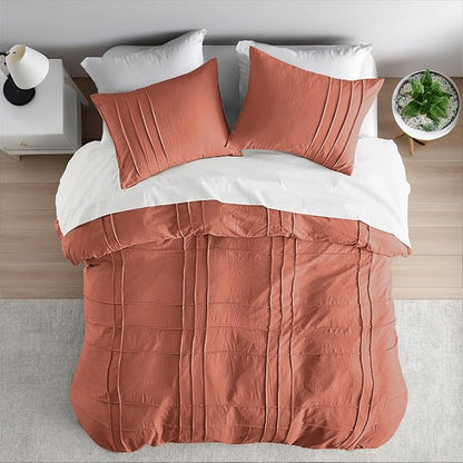 Queen Size Comforter Set Orange, 3 Pieces Bedding Set, Ultra Soft Prewashed Bed Set, Pinch Pleat All Seasons Lightweight Comforter and Shams