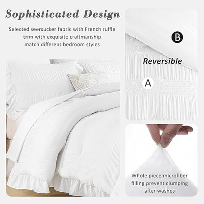 White Twin Comforter Set, Seersucker Vintage Comforter Soft Bedding Set Twin Size 3 Piece Set, Down Alternative Light Weight Comforter Set (White, Twin 68"x90")