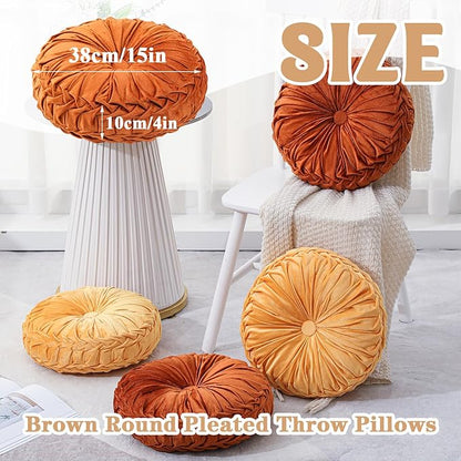 4 Pcs Round Throw Pillows Decorative Velvet Pleated Throw Pillows 15'' Diameter Accent Pumpkin Boho Chair Cushion for Couch Sofa Chair Bed Home Decoration (Burnt Orange,Yellow)