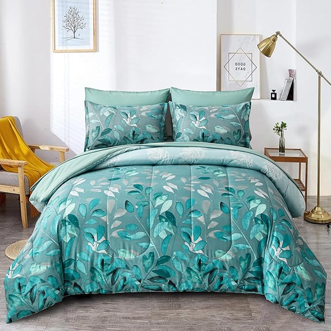 Anibedding Aqua Comforter Set Queen Size, 7 Pieces Botanical Leaves Reversible Soft Microfiber Bed in a Bag with Sheets Set All Season (90"x90")