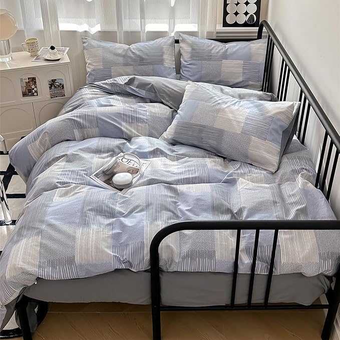 HighBuy Blue Grey Full Size Grid Stripe Patchwork Bedding Comforter Set Full 3 Pieces Buffalo Plaid Comforter Bedding Set Boho Stylish Geometric Plaid Fluffy Home Decor