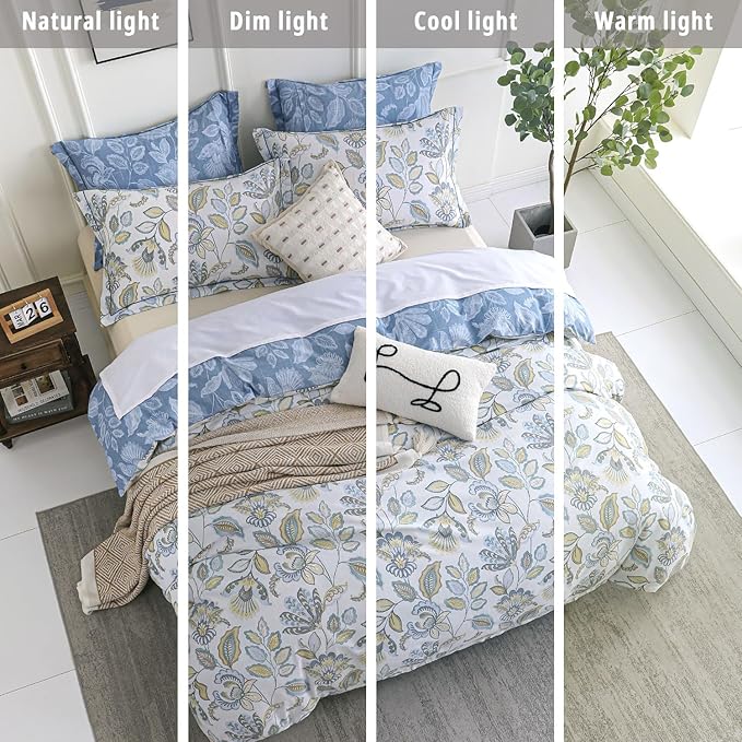 Vintage Botanical Cotton Comforter King Size 3PC - Lavish Floral on Bluish White with Frost Blue Back, Reversible Lightweight Comforter Set with Soft Fill(104"×90")
